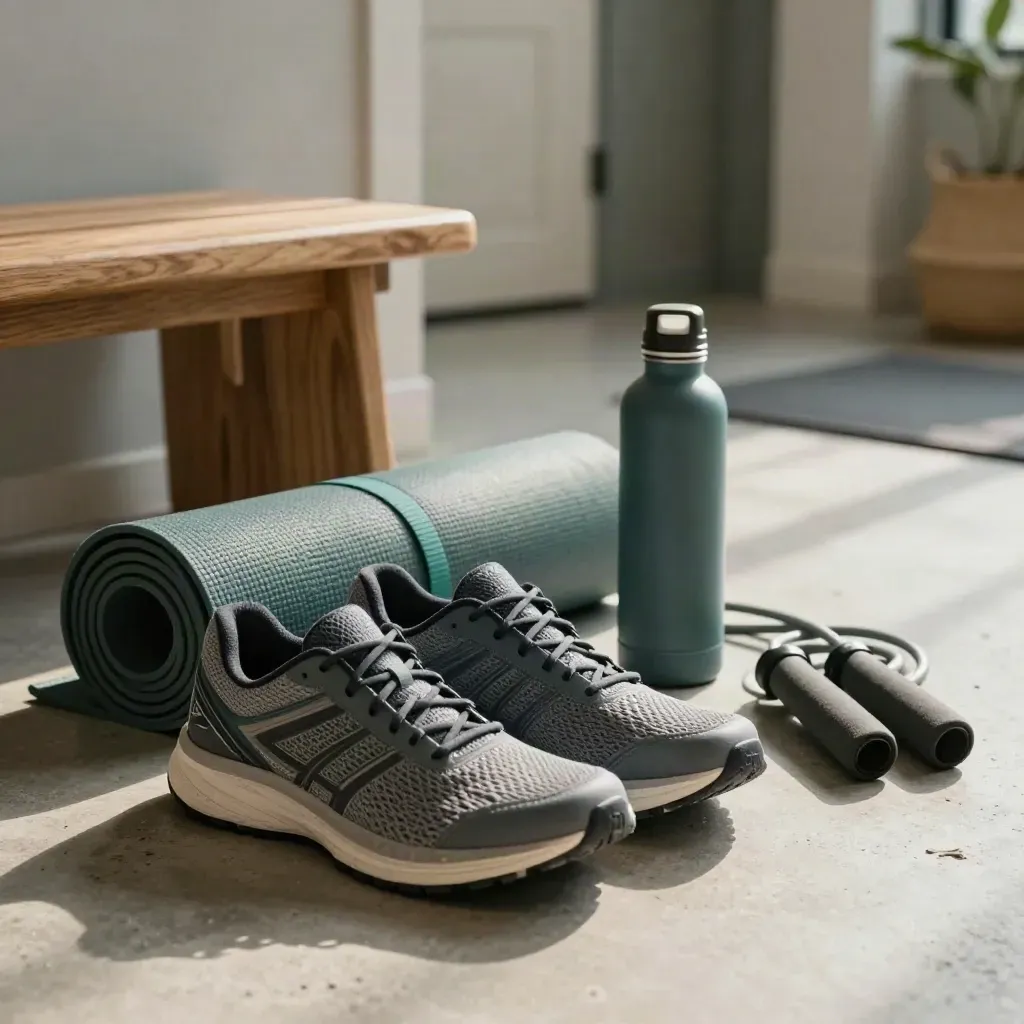 Aktiv-Plan mit Laufschuhen, Matte, Springseil und Flasche in hellem Eingangslicht.