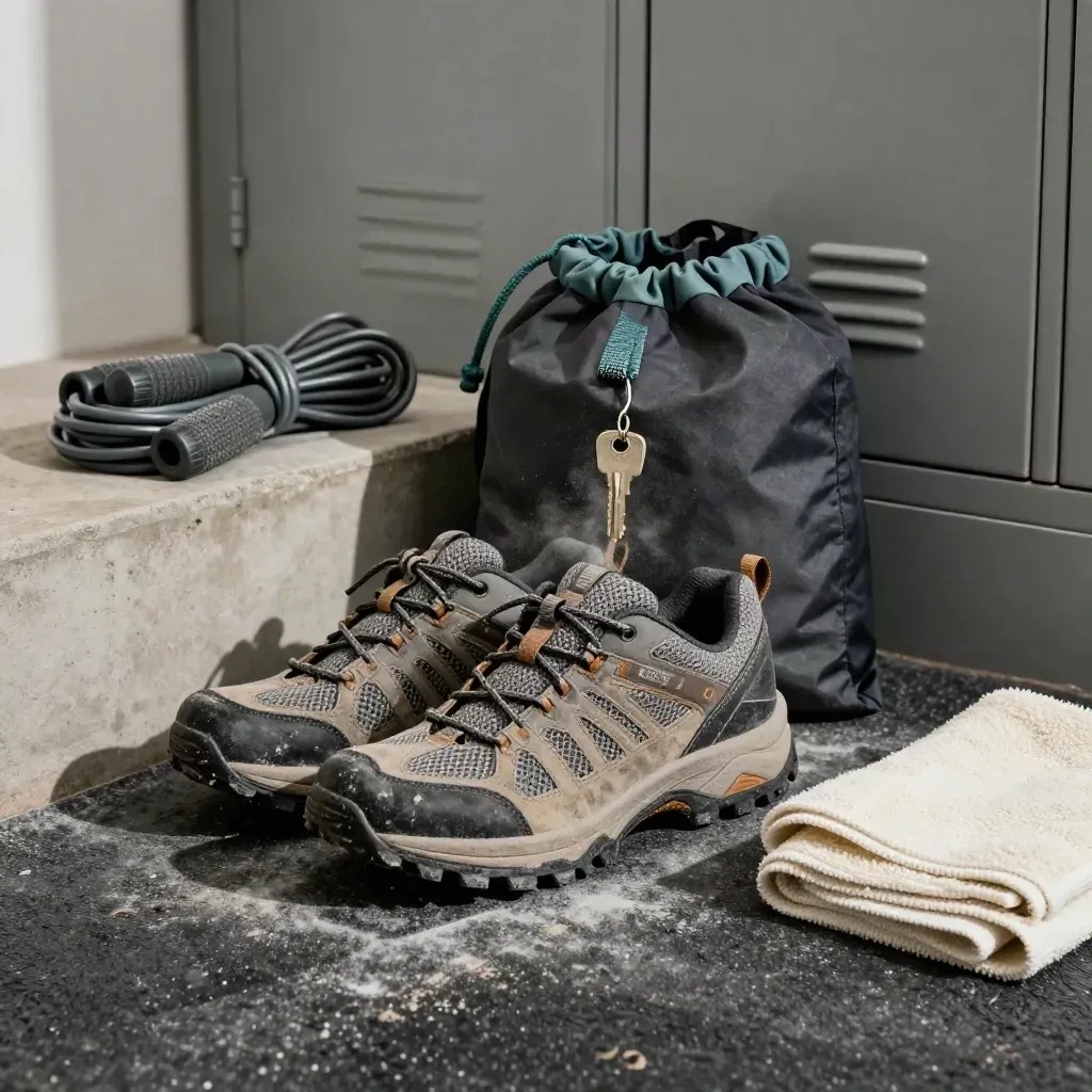 Trailschuh, Chalkbeutel, Springseil und Handtuch auf einem Trainingsboden im dramatischen Licht.