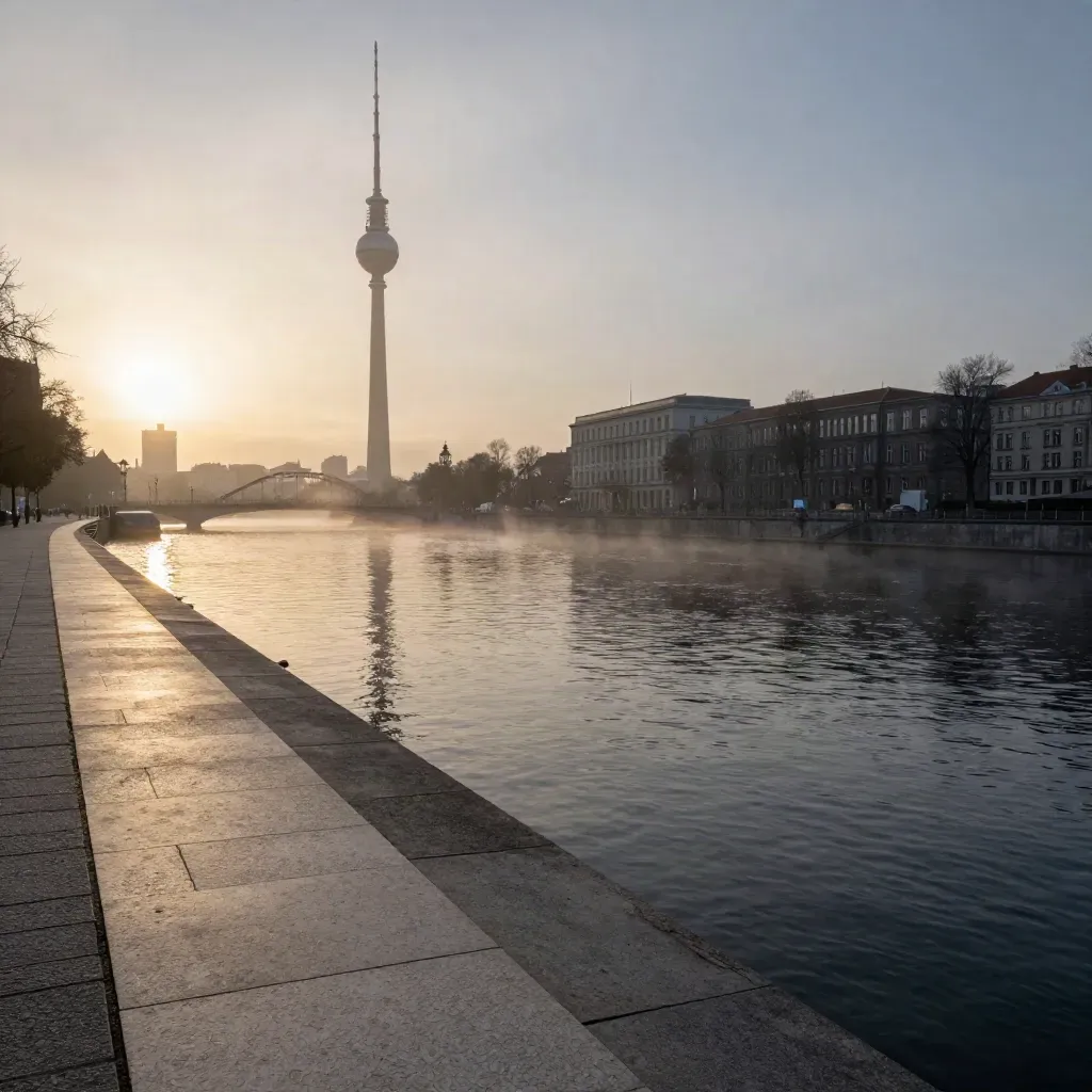 Berliner Fernsehturm über der stillen Spree im warmen Abenddunst.
